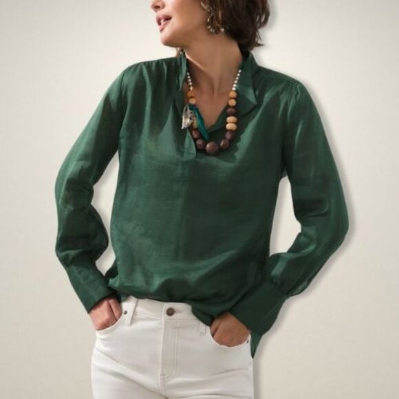 Chico's Ruched Popover Blouse Collared Pullover Silk Mossy Stone Women's 2 NWT - Picture 1 of 9